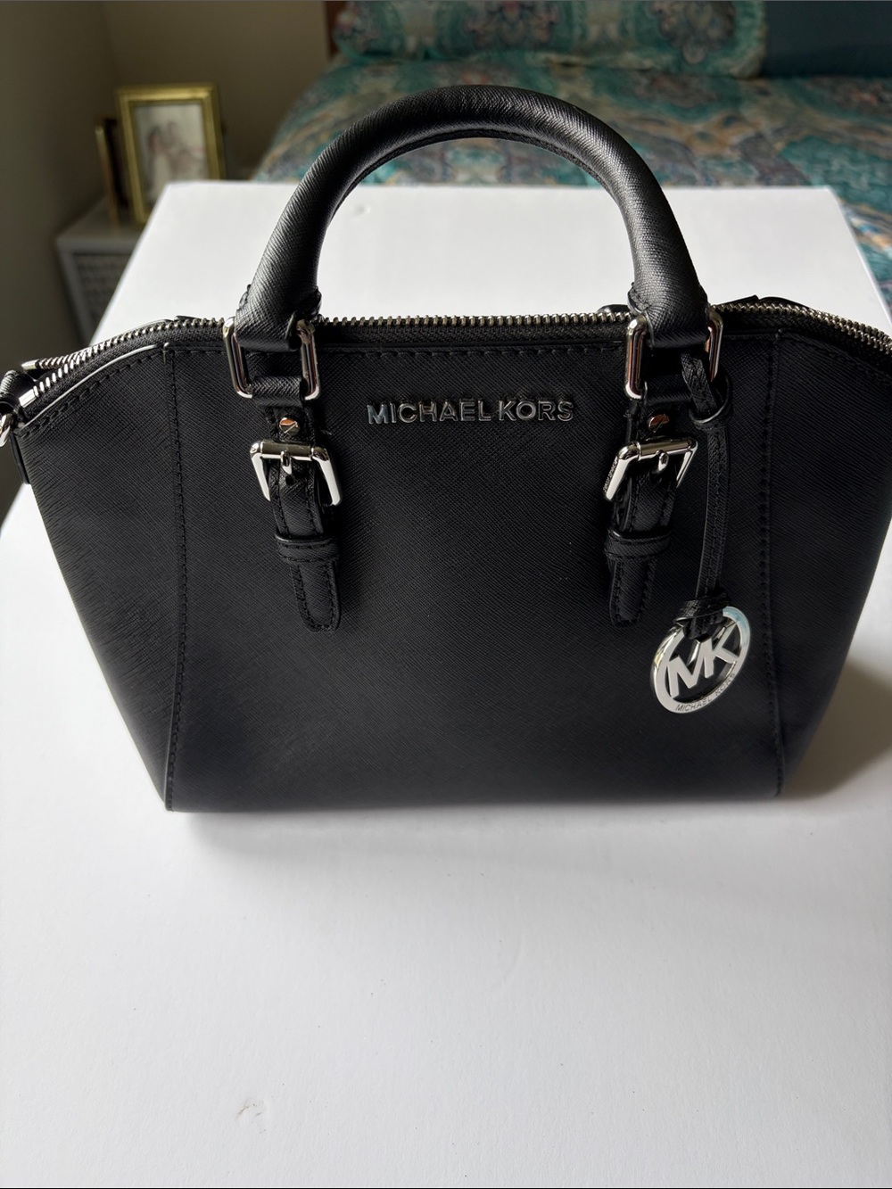 Michael Kors Black Leather Satchel with Silver MK Charm